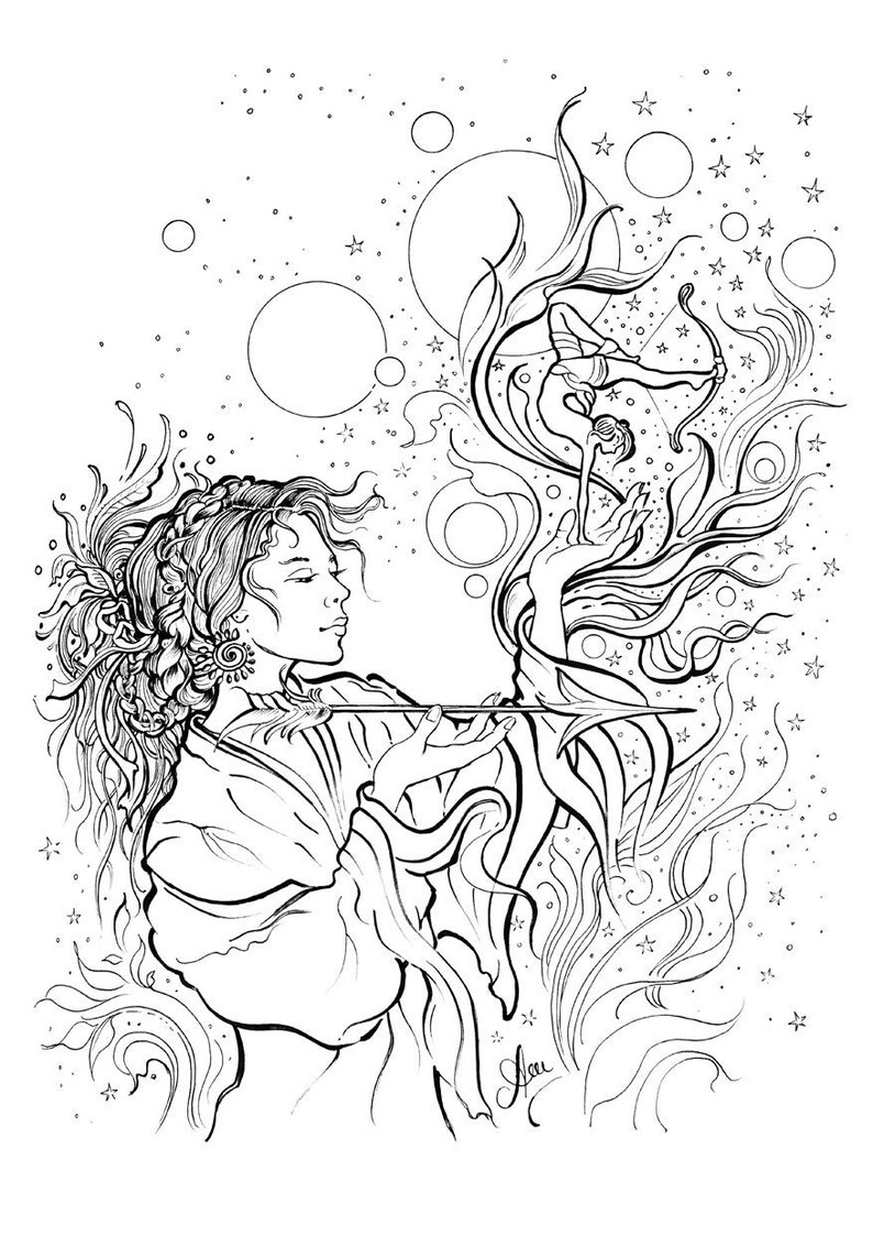 May include: A black and white line drawing of a woman holding a bow and arrow. The woman is surrounded by stars and moons. The drawing is in a whimsical style.