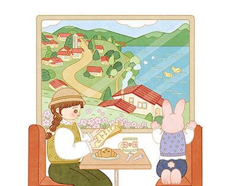 以下が含まれることがあります： カラーリングブックの表紙のカラフルなイラスト。表紙には、女の子とウサギがテーブルに座り、背景には美しい景色が描かれています。表紙のテキストは韓国語です。