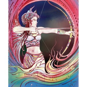 May include: A colorful illustration of a woman with a bow and arrow, representing the zodiac sign Sagittarius. The image is set against a vibrant background of red, blue, and yellow hues. The text "STRZELEC: Ku Nowym Celom" and "SAGITTARIUS: Towards New Goals" is included in the image.