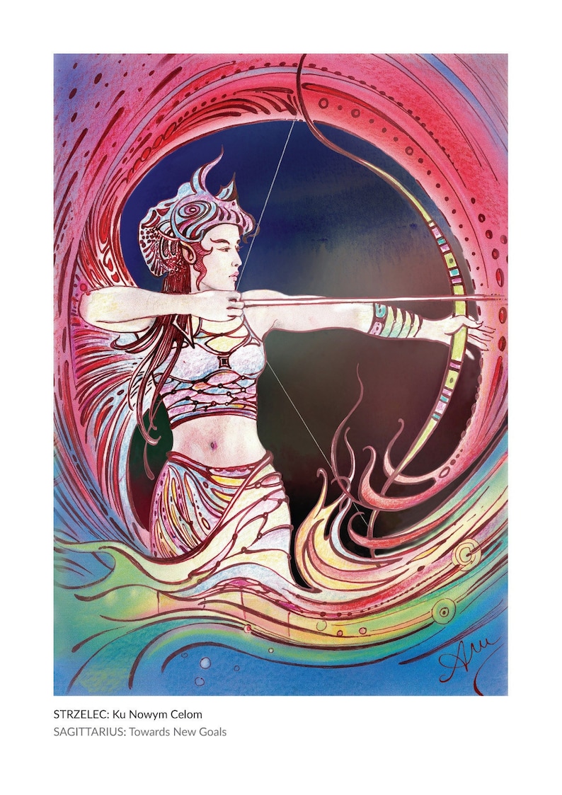 May include: A colorful illustration of a woman with a bow and arrow, representing the zodiac sign Sagittarius. The image is set against a vibrant background of red, blue, and yellow hues. The text "STRZELEC: Ku Nowym Celom" and "SAGITTARIUS: Towards New Goals" is included in the image.