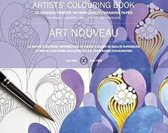 May include: Art Nouveau coloring book with 16 designs printed on high-quality drawing paper. The cover features a colorful illustration of stylized flowers in shades of blue, purple, and yellow.