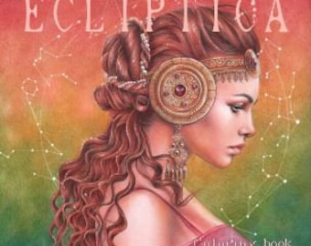 May include: A coloring book titled ECLIPTICA by Anastasia Elly Koldareva featuring a profile illustration of a person with long wavy reddish-brown hair, wearing an ornate gold headpiece with a central red gem and dangling earrings against a gradient background.