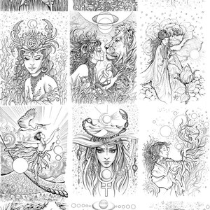 May include: A black and white coloring book page featuring twelve zodiac signs, each with a unique illustration of a woman and astrological symbols. The illustrations are detailed and intricate, perfect for coloring.