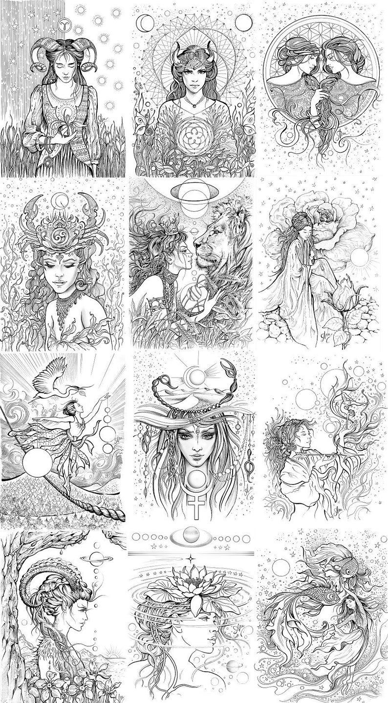 May include: A black and white coloring book page featuring twelve zodiac signs, each with a unique illustration of a woman and astrological symbols. The illustrations are detailed and intricate, perfect for coloring.