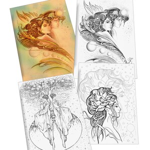 May include: A set of three coloring pages featuring intricate line drawings of women with flowing hair and celestial elements. The images include a pair of women with a sun and moon, a woman with a tree, and a woman with a flower.