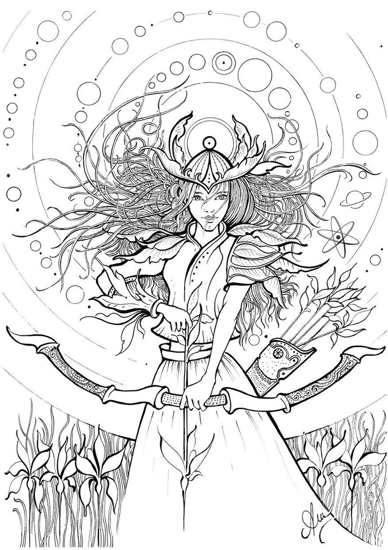 May include: A black and white line drawing of a woman with long flowing hair, wearing a crown and holding a bow and arrow. She is standing in front of a background of circles and other geometric shapes.