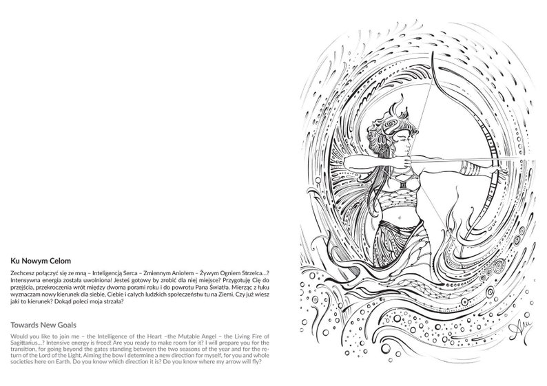 May include: Black and white line art illustration of a woman with a bow and arrow. The woman is surrounded by swirling lines and circles. The text "Ku Nowym Celom" and "Towards New Goals" is written in Polish and English.