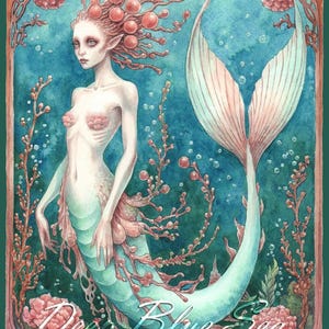 以下が含まれることがあります： 青とピンクの尾を持つ人魚の水彩イラスト。サンゴと泡に囲まれています。「Deep Blue Sea coloring book」のテキストが下にあり、アーティストの名前が上にあります。