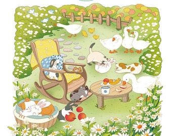 May include: A coloring book with a colorful illustration of a garden scene. The book cover features a rocking chair, a table with fruit, and several animals including cats, rabbits, and geese. The title of the book is "Spring Sunshine Coloring Book" in Korean.
