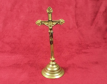 JESUS | Old vintage Crucifix on brass pedestal | Height 5.5 in | FRANCE 1950