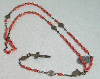 Coral glass beads rosary prayer Lourdes rosary Mary medal Made in France vintage
