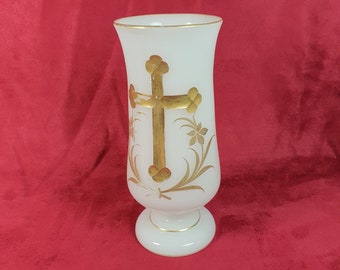Church vase opaline glass vase with golden cross white and gold altar vase vintage vase white and gold large size Made in France