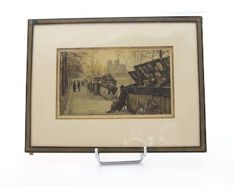 Illustration of Paris Notre Dame second hand book sellers Seine quays Signed by Yvon (1886-1969) Made in France