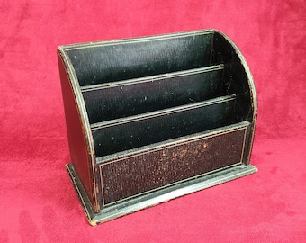 NAPOLEON III | Old letter holder or mail holder in wood covered in black leather, Napoleon III period