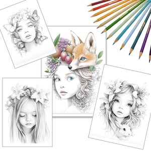 May include: Four black and white illustrations of girls with floral crowns and animals. The first girl has butterflies in her hair, the second has a fox on her head, the third has a flower crown, and the fourth has a rabbit.