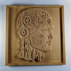 Humanoid Robot Head 3D Wood Carving - Futuristic Cyborg Wall Art - Modern Tech Decor - Sci-Fi Engraved Artwork - Made in USA - Gift Idea