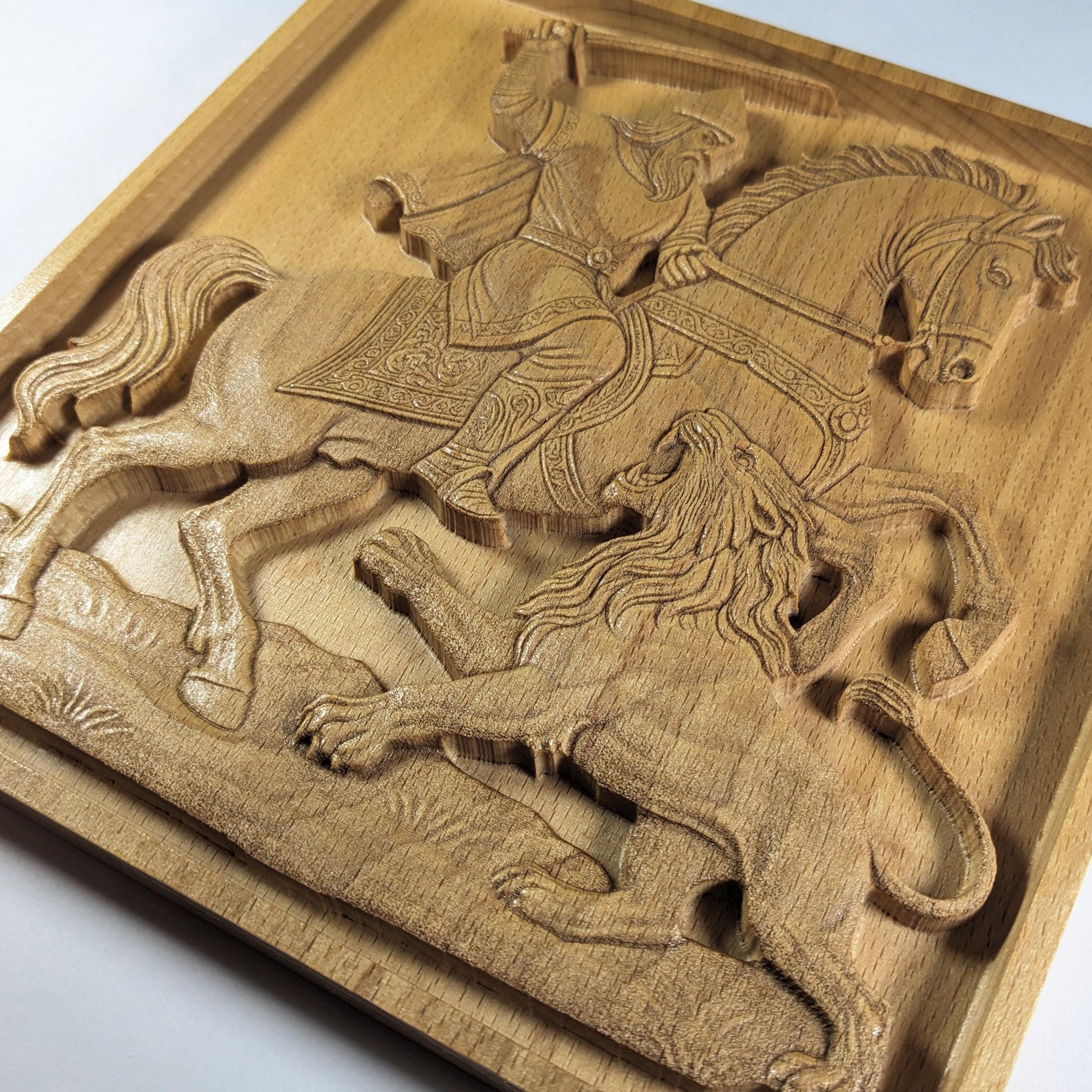 Rostam and Lion Wood Relief, Persian Epic Art, Shahnameh Carved Wall ...