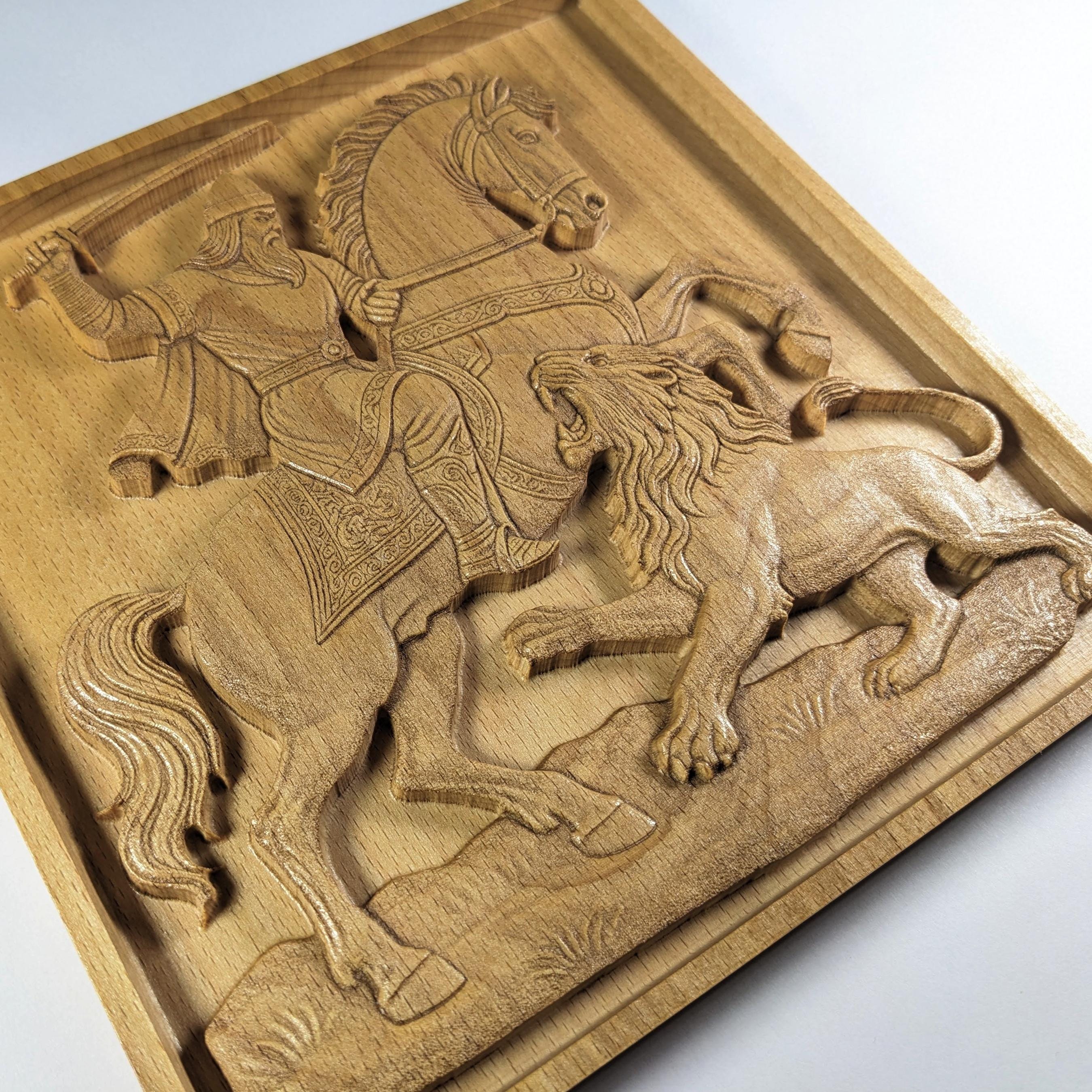 Rostam and Lion Wood Relief, Persian Epic Art, Shahnameh Carved Wall ...