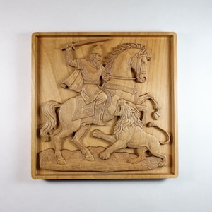 Rostam and Lion 7 Inch 3D Wood Relief, Persian Epic Art, Shahnameh Carved Decor