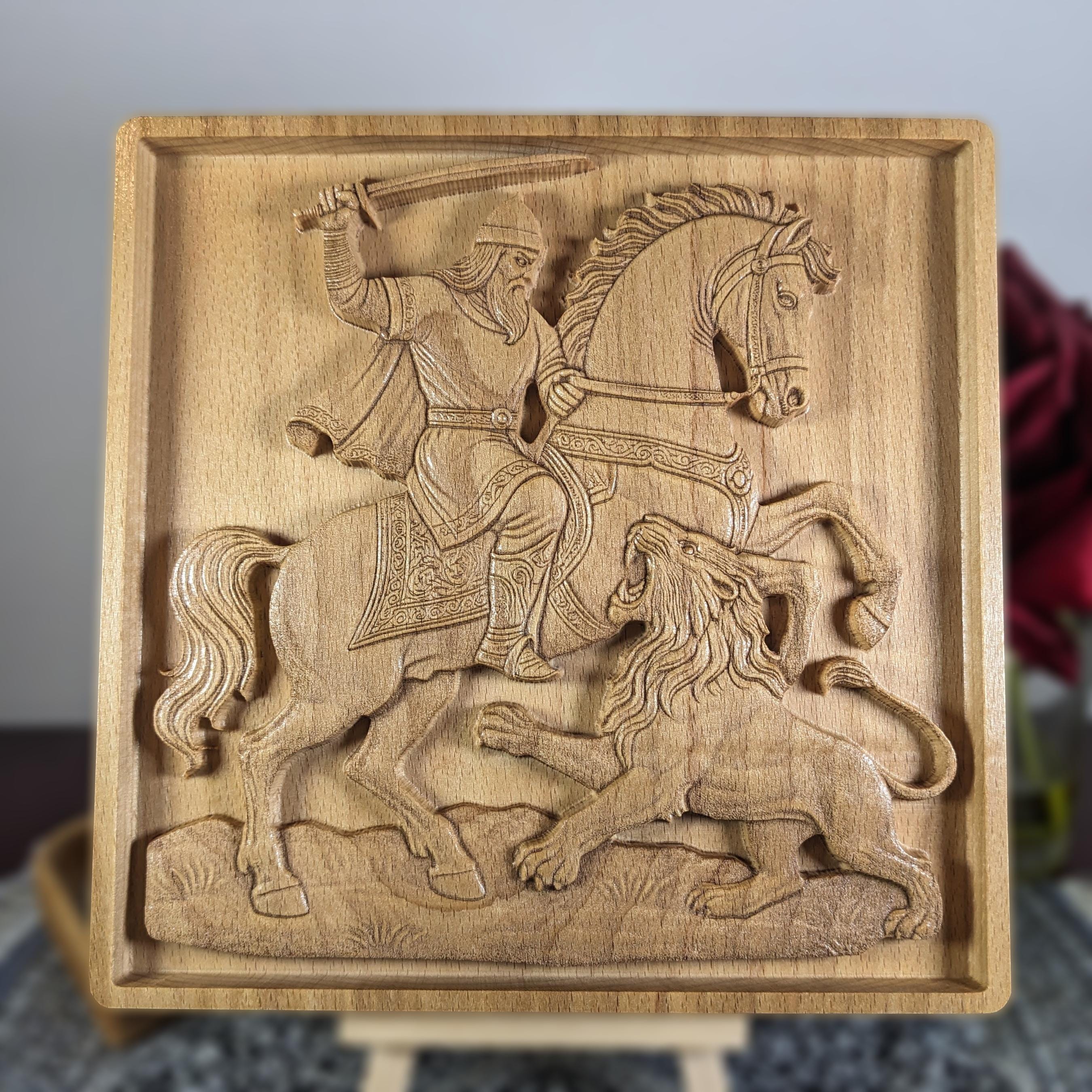 Rostam and Lion Wood Relief, Persian Epic Art, Shahnameh Carved Wall ...