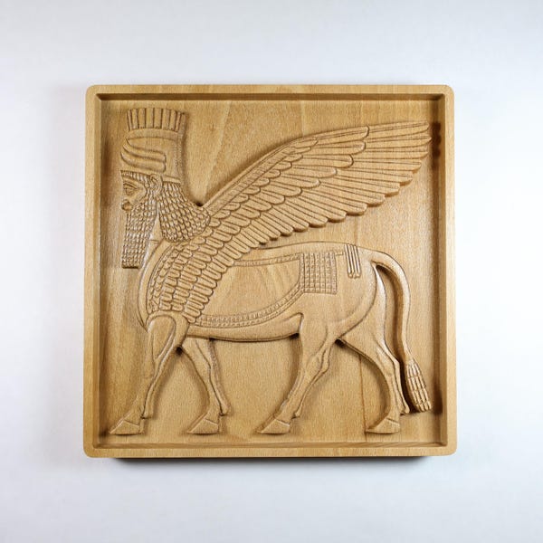 Lamassu Wood Relief, Assyrian Guardian Art, Ancient Winged Bull Wall Decor