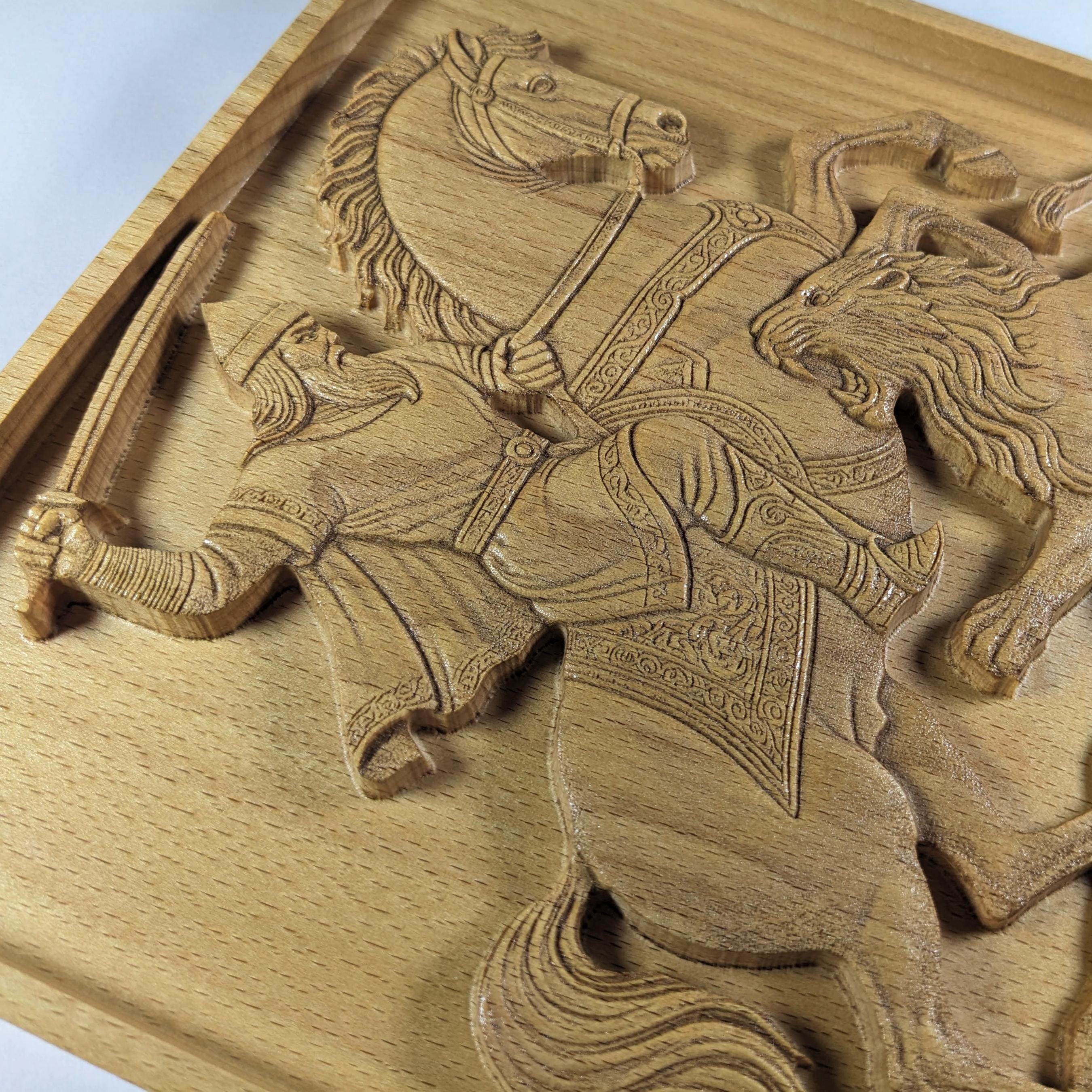 Rostam and Lion Wood Relief, Persian Epic Art, Shahnameh Carved Wall ...
