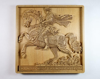 Sasanian Royal Horseman 7 Inch 3D Wood Relief, Ancient Persian Equestrian Wall Art