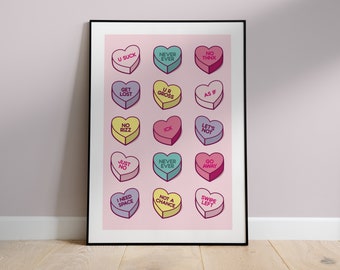 Anti-Valentine's Day Sassy Conversation Candy Love Hearts, Rude Candy Sweethearts, Eclectic Home Decor, Unframed Boudoir Poster, A3 Print