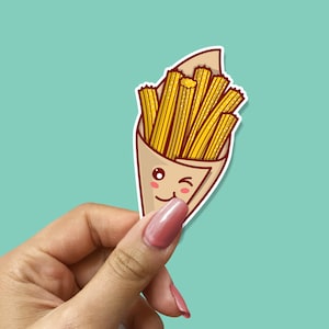 Pegatina de churros españoles descarados: vinilo de comida callejera kawaii, adorable decoración para loncheras y gadgets, comida estética y adorable.