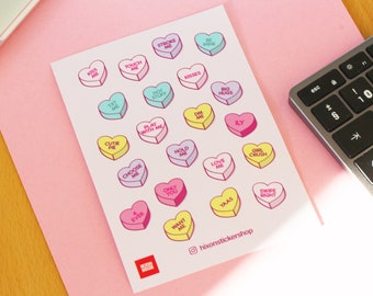 Valentine's Day Sticker Sheet – 21 Candy Love Hearts for Journals & Scrapbooks