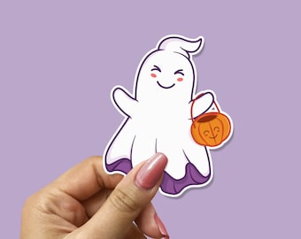 Kawaii Ghost Vinyl Sticker, Adorable trick or treat waterproof Decal
