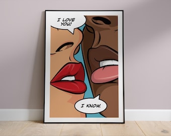I Love You, Kissing, Valentine's Day, Pop Art, Eclectic Home Deco, Romantic Art, Sensual Couple, Comic Book Style, Unframed Poster, A3 Print