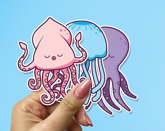 Cute Sea Creatures Sticker Set, Squid, Jellyfish and Octopus, Adorable waterproof vinyls, Perfect for Laptops, Journals, Water Bottles