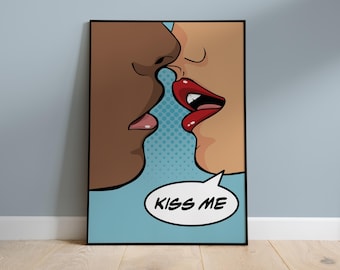 Shut Up And Kiss Me, Retro Pop Art Print, Romantic Couple Wall Art, Vintage-inspired, Eclectic Home Decor, Unframed, A3 Print