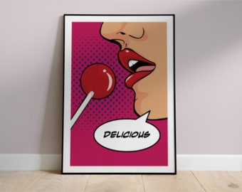 Retro Pop Art Print, Lollipop Red Lips, Girly Art, Vintage-inspired, Delicious, Eclectic Home Decor, Unframed, Comic Book Style, A3 Print