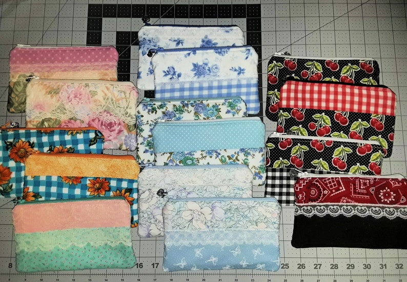 Pastel Watercolor FloralLight Blue 100/% cotton Pencil Case Makeup Bag Fully lined Zippered Pouch Vintage Fabric.