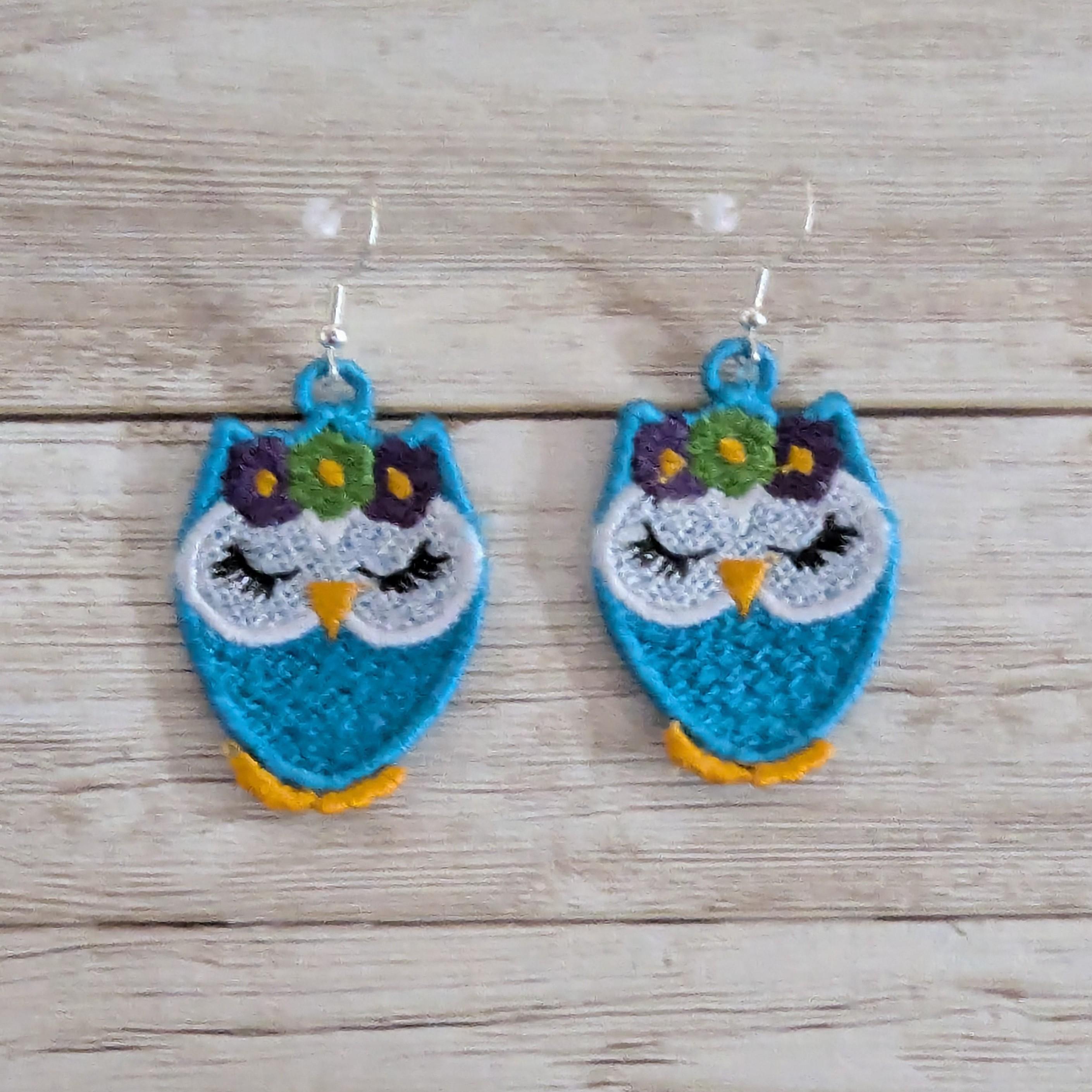 Turquoise blue embroidered owl drop earrings