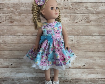 Pink Purple and Aqua kitty cat doll dress fits American Girl and other similar 18 inch dolls