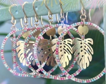 Beaded Hoop Earrings: Brass Monstera Leaf, Tropical Pink & Blue