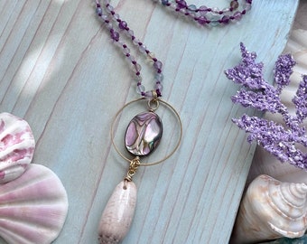 Hand Knotted Abalone & Shell Necklace: Rainbow Fluorite Gemstone Beads