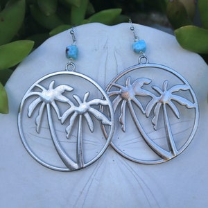 Larimar and Palm Tree Earrings - Silver Palm Earrings - Larimar Jewelry - Larimar Earrings - Beach Earrings - Coastal Jewelry