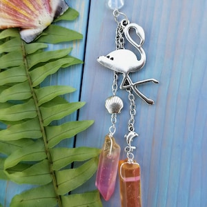 Flamingo Auto Anhänger: Rosa Kristall Punkte, Muschel, Delfin - Rückspiegel Accessoire