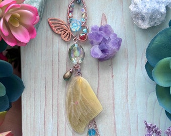 Yellow Butterfly Wing Car Charm: Crystal & Rose Gold Suncatcher