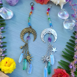 Sun Moon and Stars Car Charm - Rainbow Car Charm - Crescent Moon Rearview Mirror Accessory - Rainbow Car Jewelry - Amethyst Car Charm