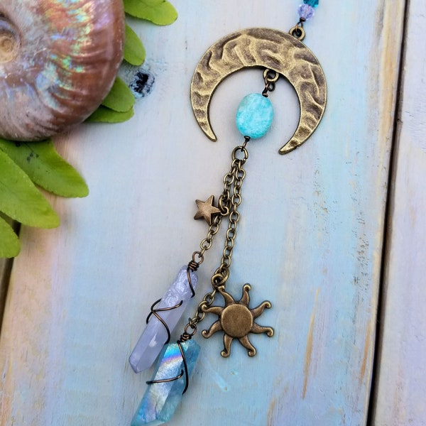 Sun Moon Star Car Charm: Amazonite Crystal Rearview Mirror Accessory