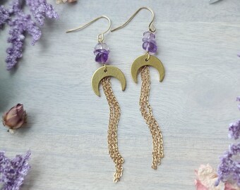 Ametrine Moon Earrings - Gemstone Earrings -Brass Crescent Moon & Gold Chain