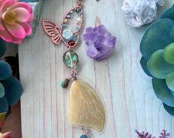 Yellow Sulfur Butterfly Wing Car Charm: Crystal Sun Catcher