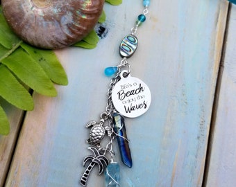 Life's a Beach Enjoy the Waves - Beach Car Charm - Quote Charm - Sea Turtle Rearview Mirror Accessory - Palm Trees - Abalone
