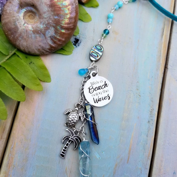 Life's a Beach Enjoy the Waves - Beach Car Charm - Quote Charm - Sea Turtle Rearview Mirror Accessory - Palm Trees - Abalone