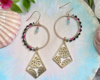 Monstera Leaf Hoop Earrings: Tropical Beaded Brass Ring